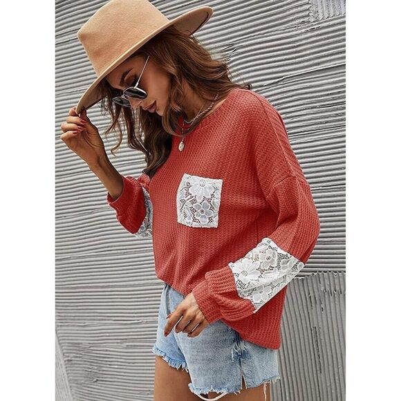 Women Sweatshirt 2XL Lace Knit Sweater Casual Loose Stitching Round Neck New - Picture 4 of 4